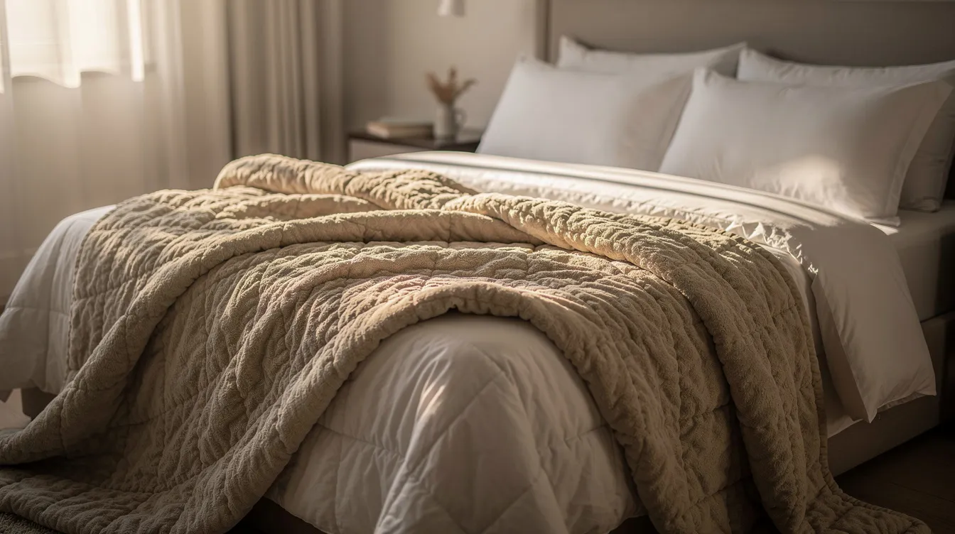 A cozy weighted blanket is elegantly draped over a neatly made bed, creating a serene atmosphere that promotes relaxation and encourages a good night&rsquo;s sleep. The soft fabric suggests comfort, ideal for those looking to improve sleep quality and fall asleep faster in a calming bedroom environment.
