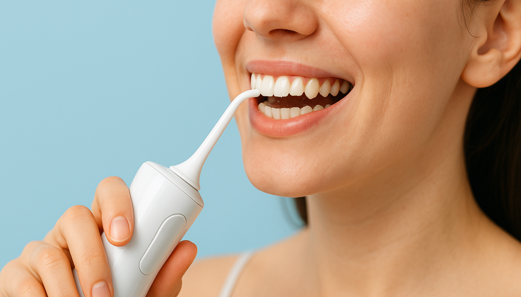 Kvinne bruker vannflosser – moderne munnhygiene.