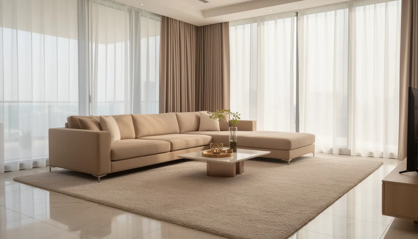 The image depicts a modern Dubai living room featuring a clean sofa, pristine carpet, and freshly cleaned curtains, showcasing the results of professional curtain cleaning services. This inviting space highlights the importance of maintaining indoor air quality and a healthier living environment through reliable cleaning methods.