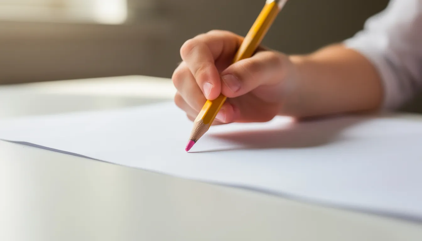A child's small hand is gripping a pencil poised above a blank sheet of white paper, ready to start a drawing, possibly of a cute monkey. The scene captures the excitement of creativity as the child prepares to learn how to draw a monkey in easy steps.