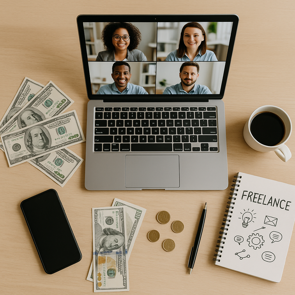 Image of a laptop video call with a remote team and a freelance sketchpad showing how to leverage technology for cost reduction and cost optimization.