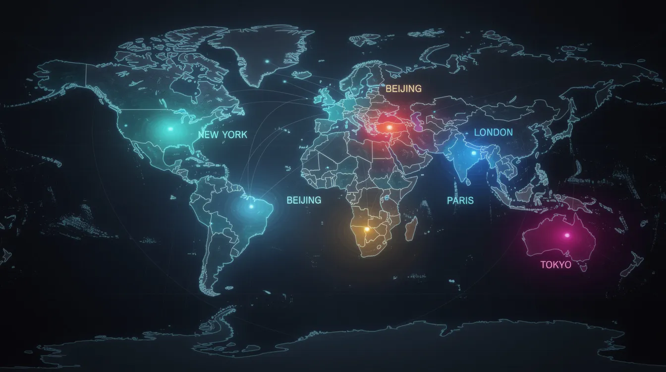 A world map is depicted with glowing dots pinpointing major financial capitals such as Beijing, New York, London, Paris, and Tokyo, highlighting their significance in global investment banking and financial services. This visual representation underscores the interconnectedness of the world's largest banks and their roles in offering services like savings and checking accounts, auto loans, and wealth management.