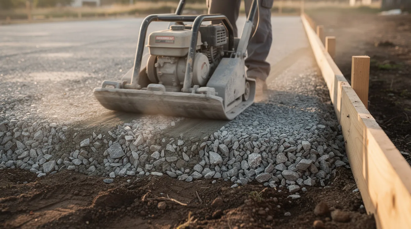 The image shows a plate compactor being operated on a crushed stone base layer next to wooden form boards, helping explain how gravel or crushed stone is prepared for construction or landscaping projects. The compactor is creating a stable surface, which supports proper base preparation and can help with drainage or erosion control when the right aggregate is used.