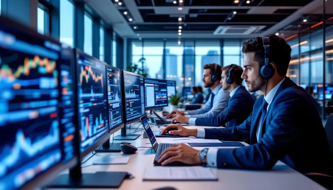In a modern office environment, financial professionals, including private equity associates and investment banking analysts, are focused on their work at computers equipped with multiple monitors, engaged in tasks such as financial modeling and deal execution. The atmosphere reflects the dynamic nature of the private equity industry, where teamwork and market research play key roles in driving fund performance and career progression.