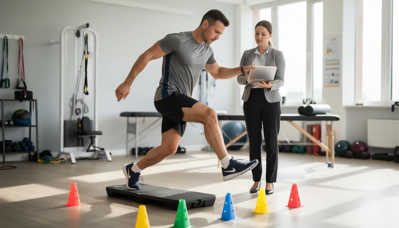 An athlete is seen performing a balance and agility drill during a sports physical therapy session, guided by a sports physical therapist. This focused rehabilitation exercise aims to optimize athletic performance and enhance movement patterns essential for recovery from sports injuries.