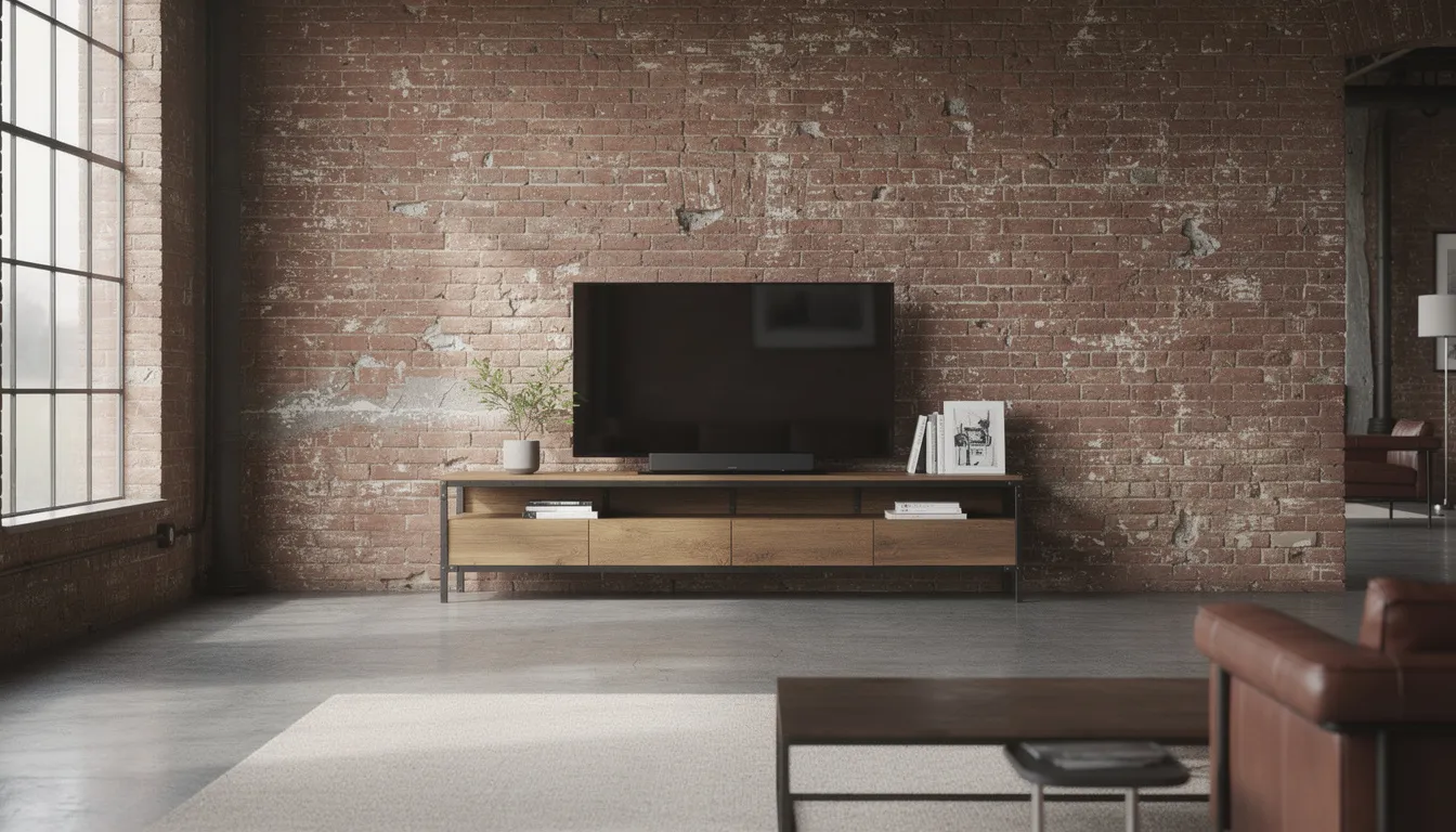 Oud houten tv meubel: karaktervol middelpunt in je woonkamer Een industrieel tv meubel met een stalen frame, gemaakt van robuust hout, staat tegen een bakstenen muur in een loft. Dit meubelstuk heeft een unieke uitstraling en biedt ruimte voor apparatuur en accessoires in de woonkamer.