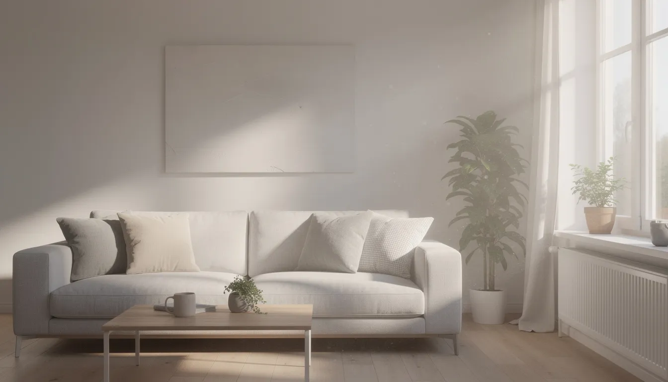 Een rustige woonkamer baadt in het ochtendlicht dat door de ramen valt, met een opgeruimde bank waarop kussens netjes zijn geplaatst. Deze serene omgeving bevordert de structuur en routine van huishoudelijke taken, waardoor iedereen zich meer op zijn gemak voelt in het opgeruimde huis.