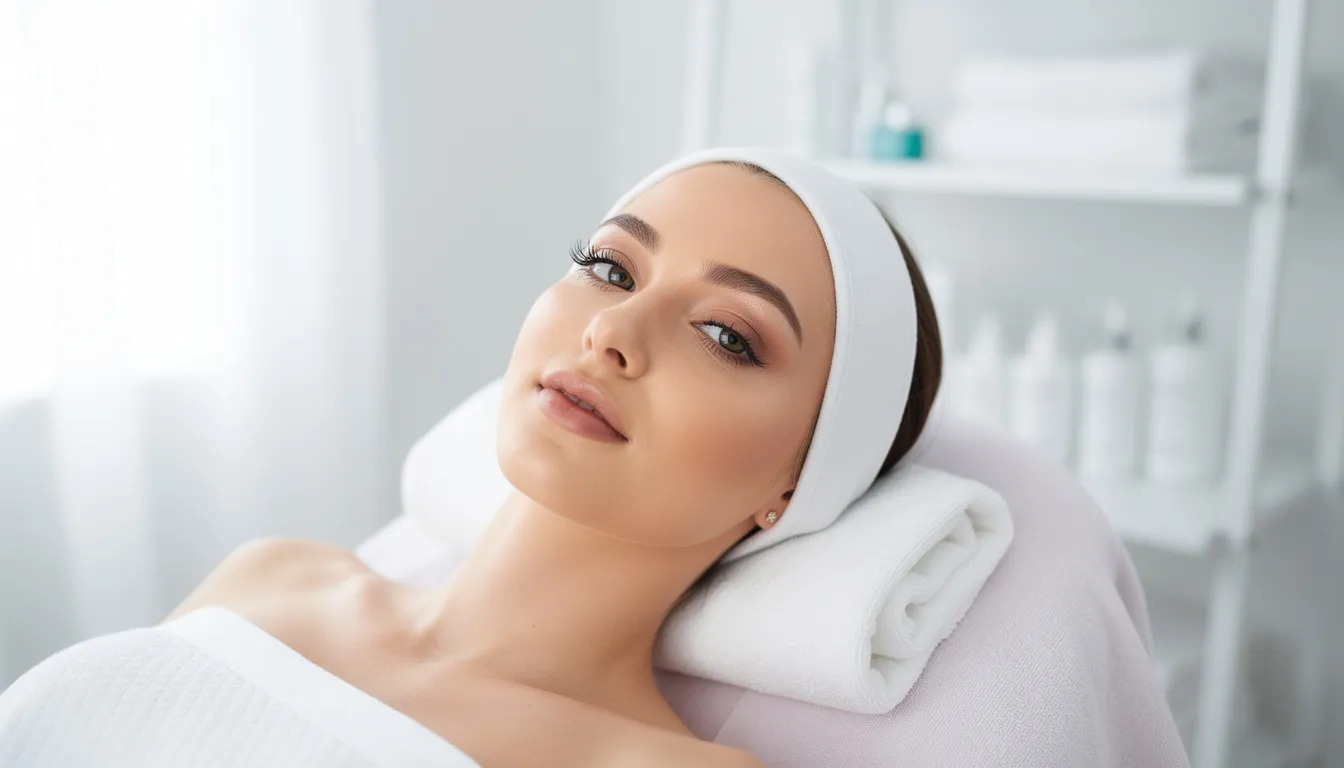 Na zdjęciu widoczna jest kobieta z gładką, zadbaną skórą wokół oczu, która znajduje się w gabinecie kosmetycznym. Jej skóra wygląda zdrowo, co może sugerować, że przeszła zabieg usuwania kępek żółtych, co jest popularną procedurą w celu poprawy estetyki okolicy oczu.