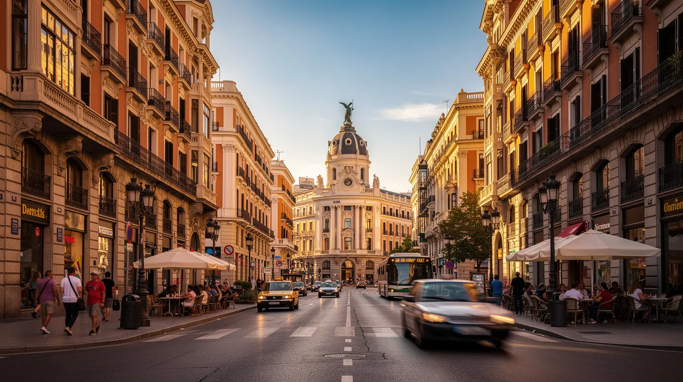 A imagem retrata uma vista panorâmica de Madrid, Espanha, destacando a arquitetura histórica e moderna da cidade. É possível ver a movimentação das pessoas nas ruas e os icônicos edifícios que compõem o cenário urbano da capital espanhola.
