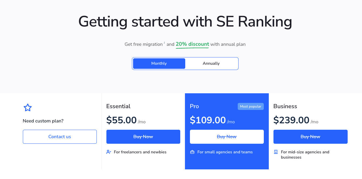 SE Ranking's monthly plans