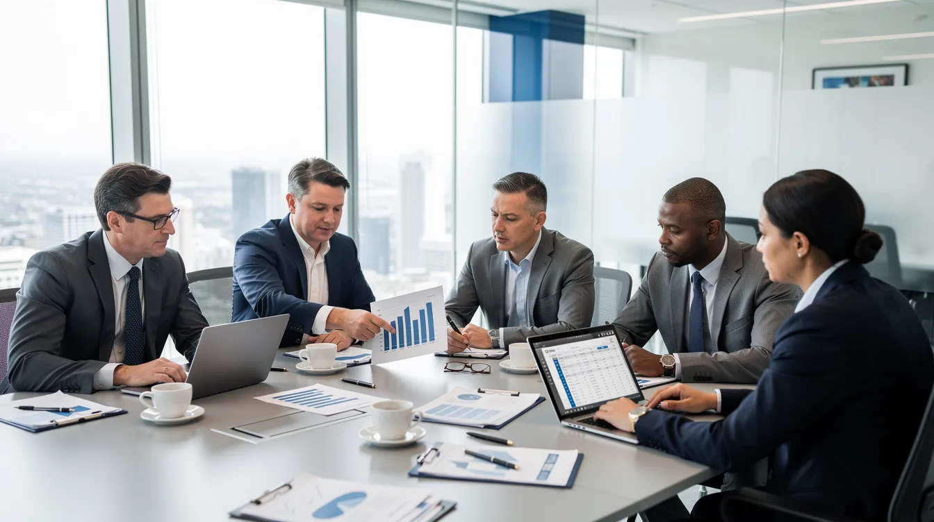 A team of tax professionals is gathered around a conference table, reviewing financial documents and discussing strategies for maximizing tax savings through various tax credit services. They appear focused on identifying eligible activities that could qualify for the R&D tax credit and other tax incentives to benefit their clients.