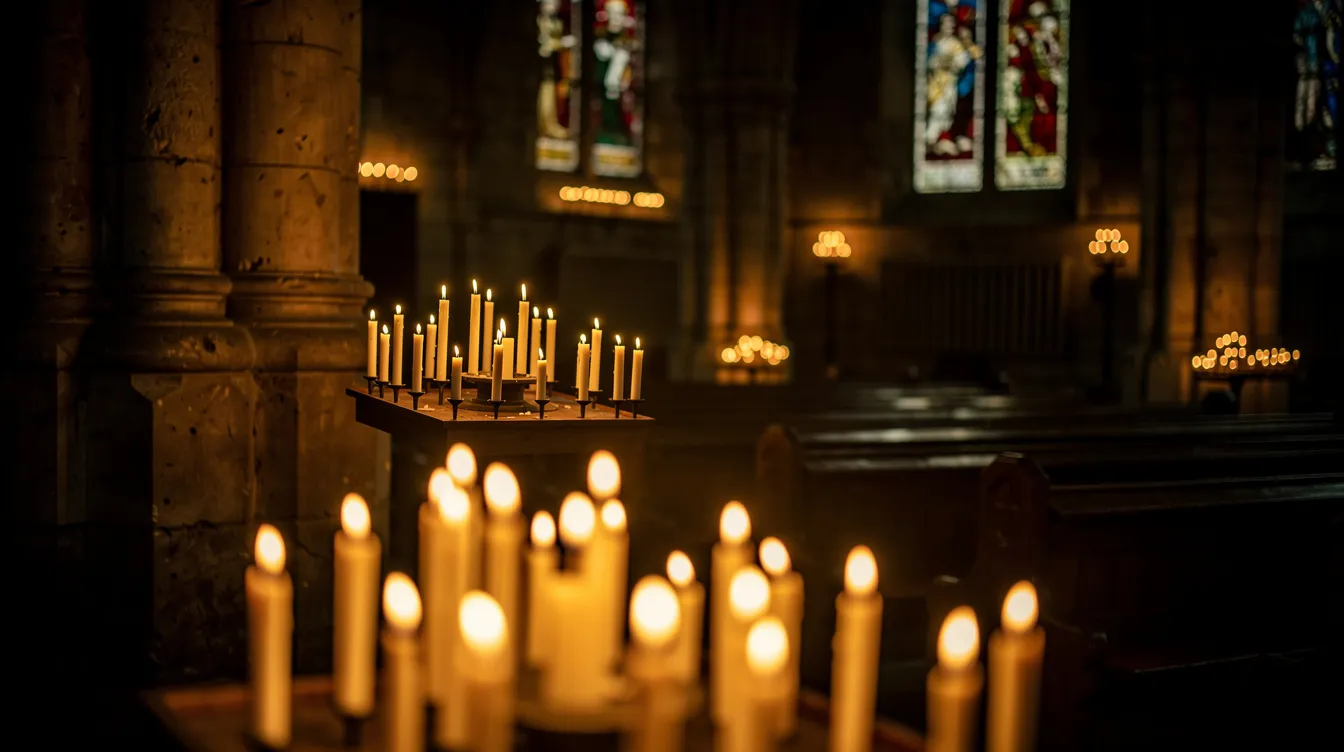 In einer abgedunkelten Kirche leuchten Kerzen und verbreiten ein sanftes, warmes Licht, das eine besinnliche Atmosphäre schafft. Diese Szene symbolisiert die Hoffnung und die Bedeutung von Ostern, dem Fest der Auferstehung Jesu Christi, das Christen auf der ganzen Welt feiern.