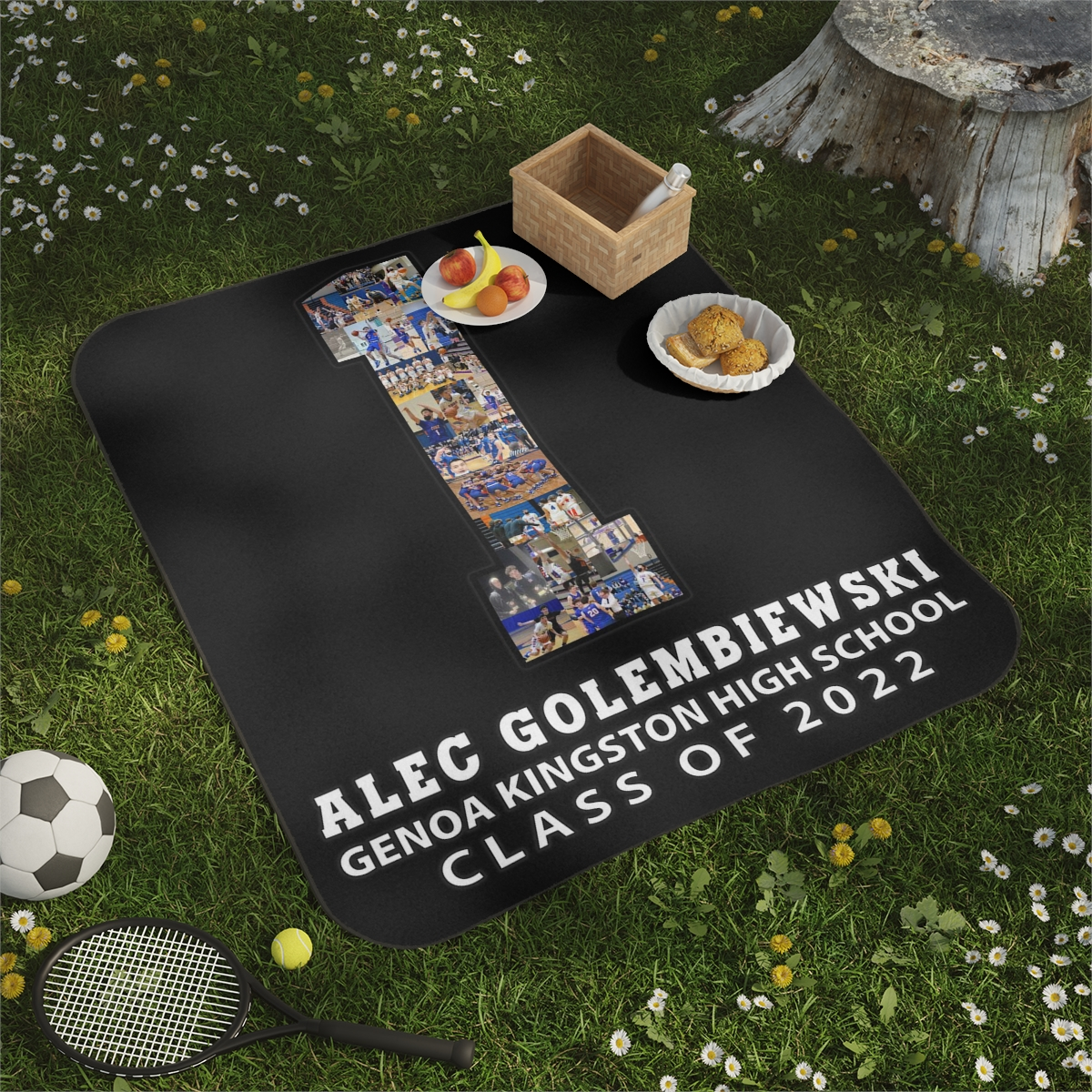 Making a custom photo blanket for your senior night is a great gift. Pictured is a jersey number collage on a fleece photo blanket.