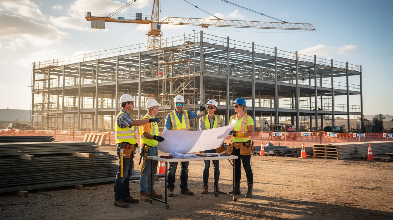 A group of construction workers wearing hard hats and high-visibility vests are collaborating on a steel-framed commercial building site, reviewing construction plans and discussing safety procedures. This teamwork highlights the importance of skilled workers and training programs in the construction industry, emphasizing workforce development and the future of employment opportunities.