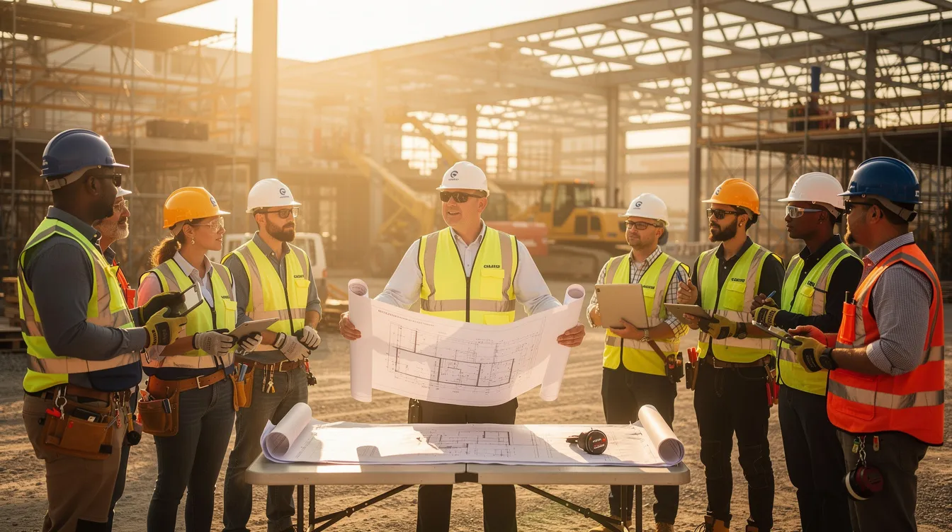 The image depicts a group of electrical workers gathered around a supervisor outdoors, attentively reviewing construction plans during a safety meeting. This scene emphasizes the importance of safety and training within the construction industry, highlighting the role of apprenticeship programs in preparing future electricians.