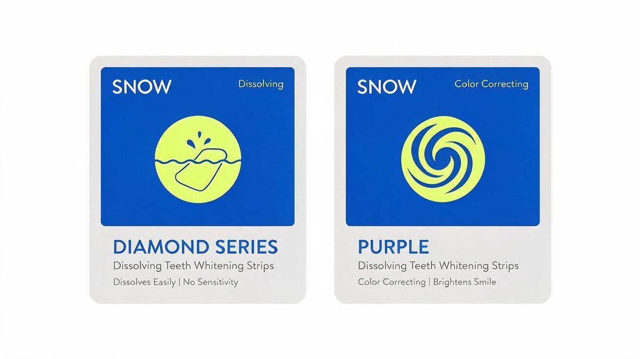 Product cards for SNOW Diamond Series Dissolving Teeth Whitening Strips and SNOW Purple color-correcting Dissolving Teeth Whitening Strips