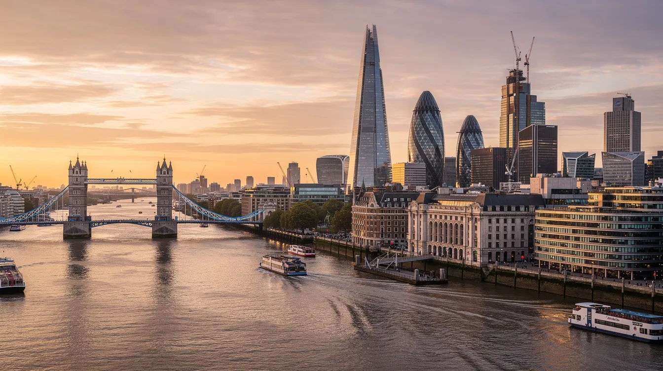 The image captures a breathtaking panoramic view of the London cityscape at sunset, with the sky painted in vibrant hues of orange and purple. Iconic landmarks such as the Tower Bridge and the Shard silhouette against the colorful backdrop, representing the rich history and modern life of the UK.