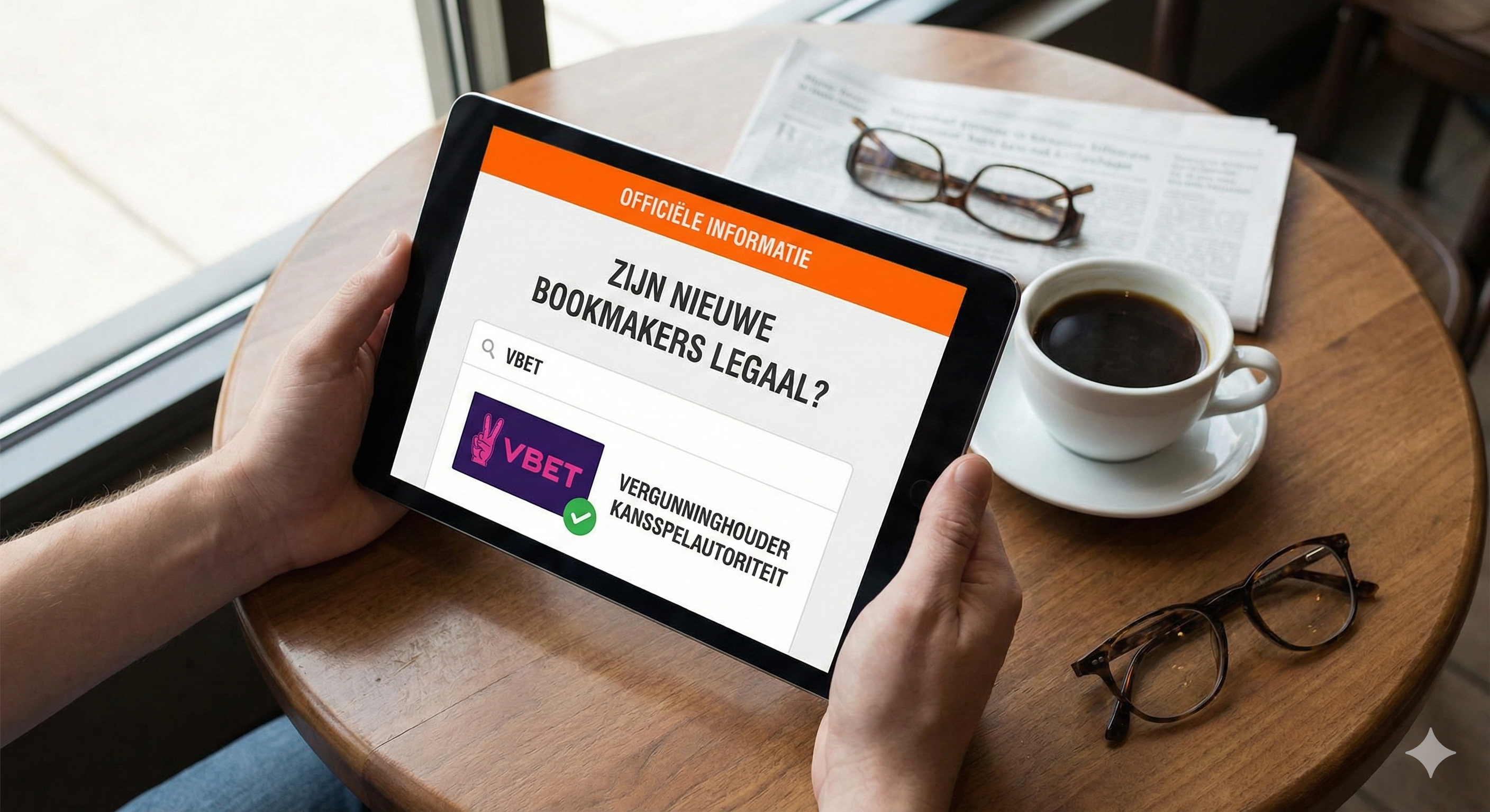 Alt: Tablet op een houten tafel met de tekst “Zijn nieuwe bookmakers legaal?”, een VBET-logo met goedkeuringsvinkje van de Kansspelautoriteit, naast een kop koffie, bril en krant.