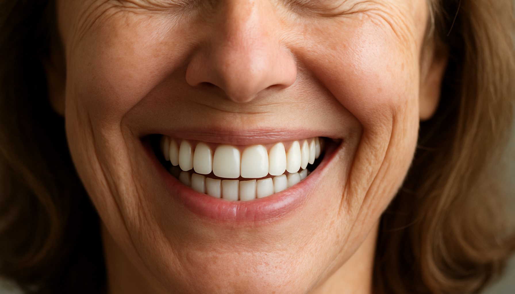 Nærbilde av kvinne som smiler med naturtro, hvite falske tenner som passer perfekt til tannkjøttet og ansiktets uttrykk.