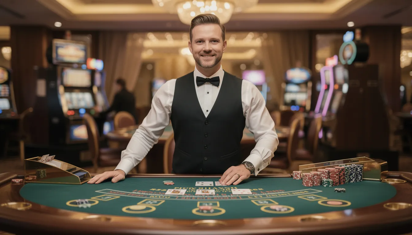 En professionell croupier i elegant klädsel står vid ett blackjackbord, redo att dela ut kort i en spännande casinomiljö. Den stiliga atmosfären ger en känsla av lyx och spänning, perfekt för dem som vill spela hos Kungaslottet casino.