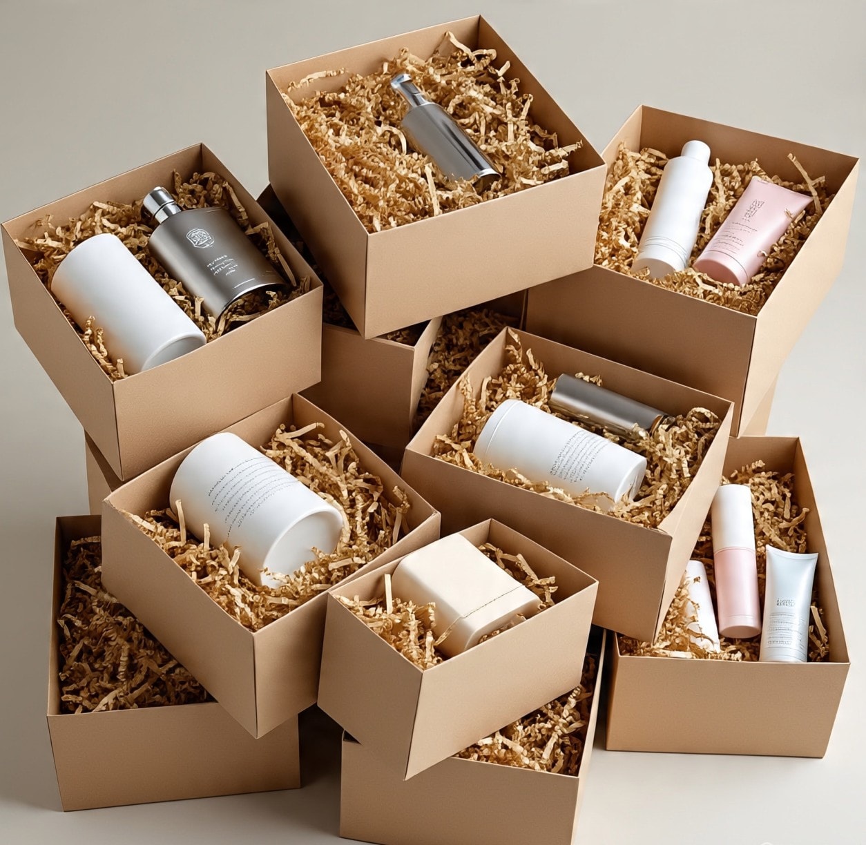 An image of eco-friendly brown Kraft gift boxes filled with shredded paper, holding skincare and cosmetic bottles and tubes