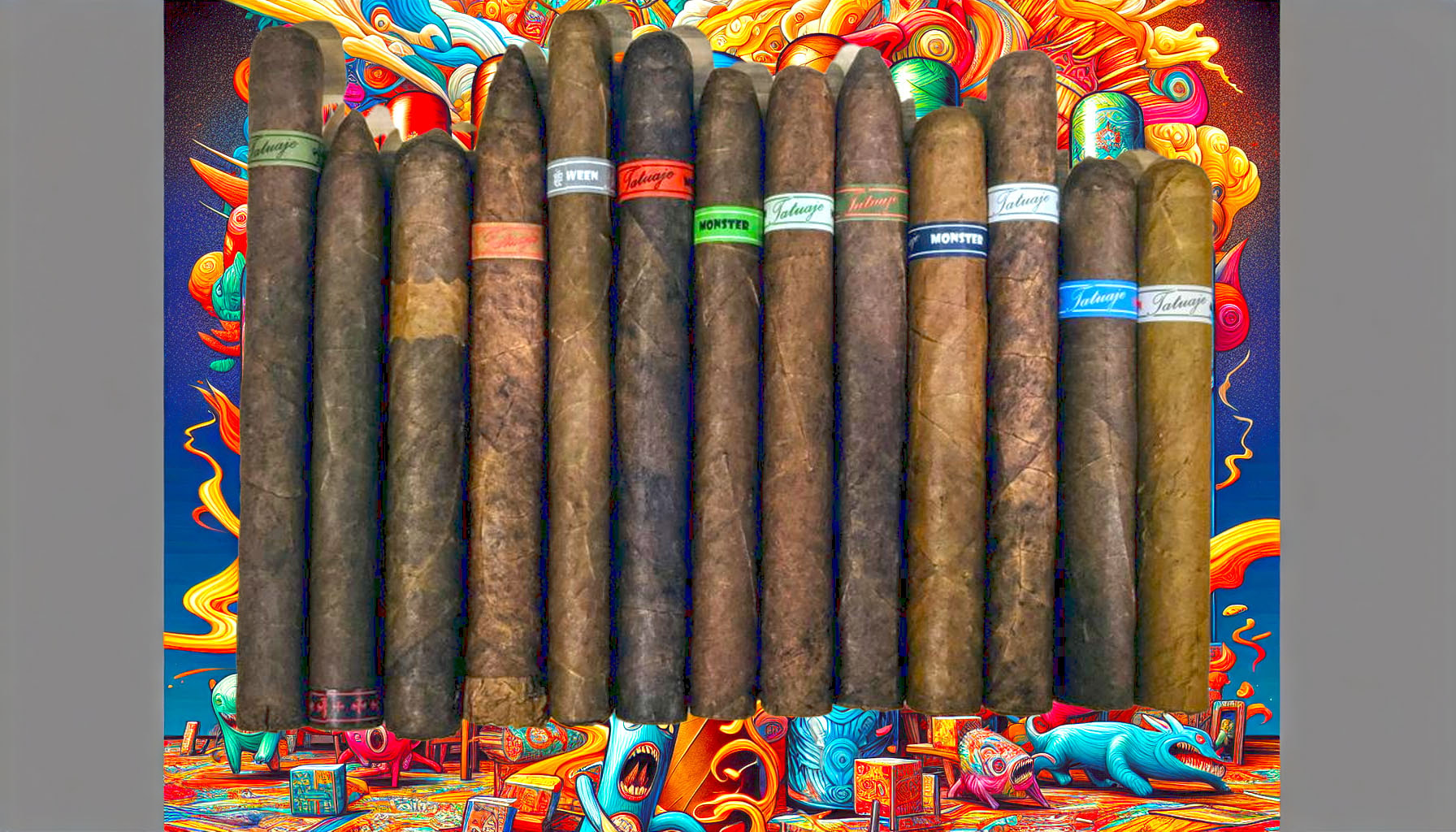 An illustration depicting various Tatuaje Monster series cigars, showcasing their unique designs.