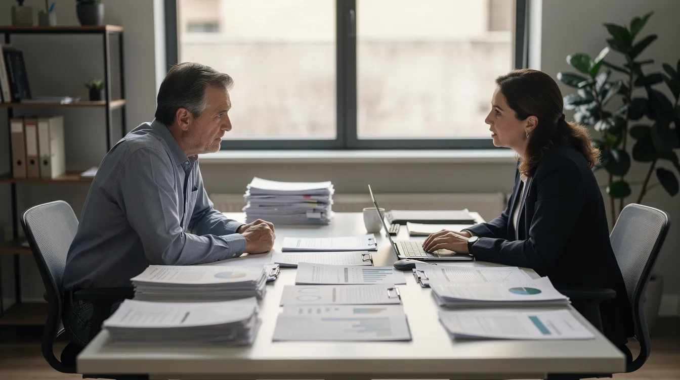 A middle-aged person is seated at a desk, engaged in a consultation with a professional, surrounded by various papers and documents related to their disability claim. The scene suggests a focus on medical evidence, including relevant medical records and treatment history, which are crucial for the social security disability process.