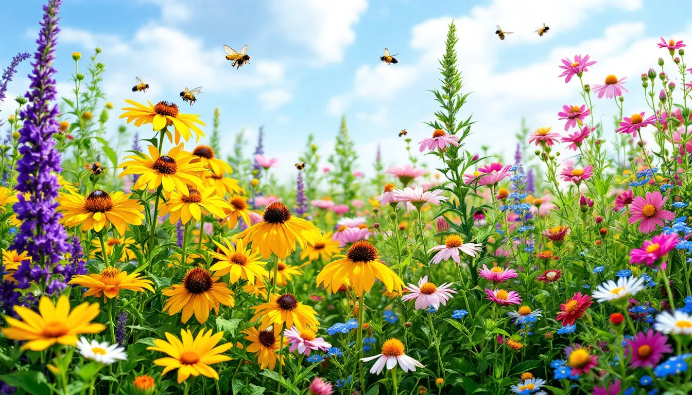 Okres kwitnienia roślin miododajnych. Obrazek przedstawia różne rośliny w czasie kwitnienia.