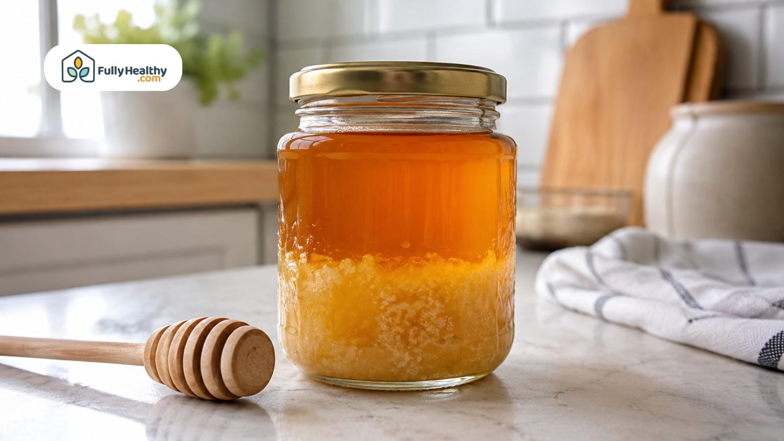 Jar showing crystallized honey layers with dipper on kitchen countertop