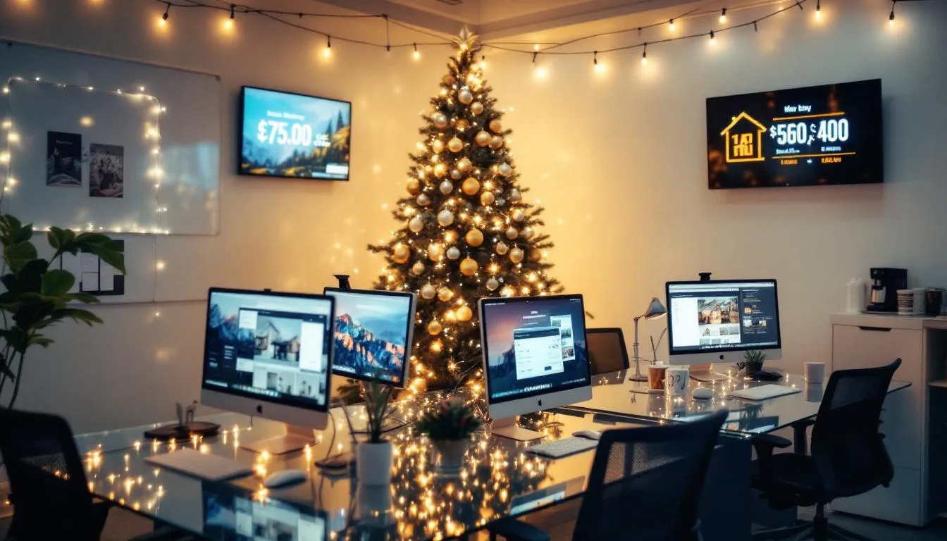 A modern real estate office in Lee County is adorned with festive holiday decorations, featuring active computers displaying MLS systems as people continue to log details and registration information during the holiday season. The atmosphere reflects a sense of community and family, ensuring that the office remains busy even in November.