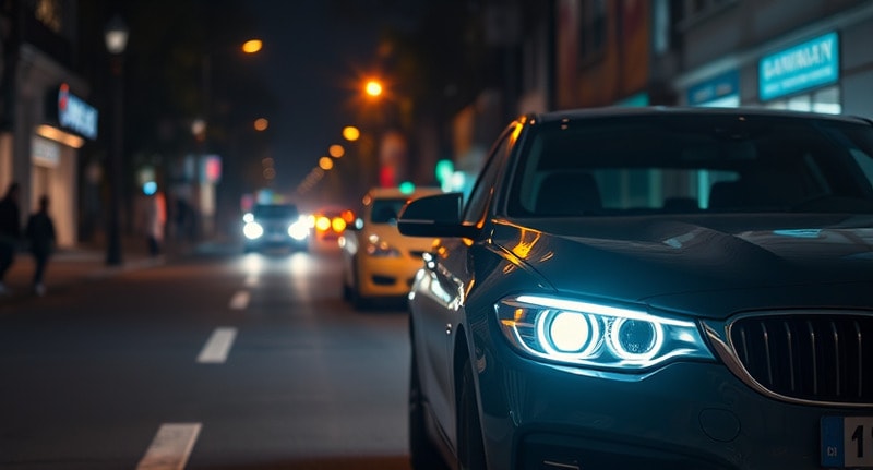 An urban street scene at night with 6000K headlight cars