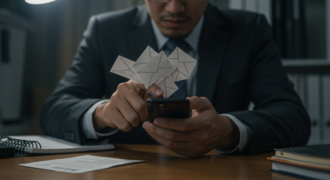 A frustrated Southeast Asian business owner deleting multiple generic sales emails on their smartphone