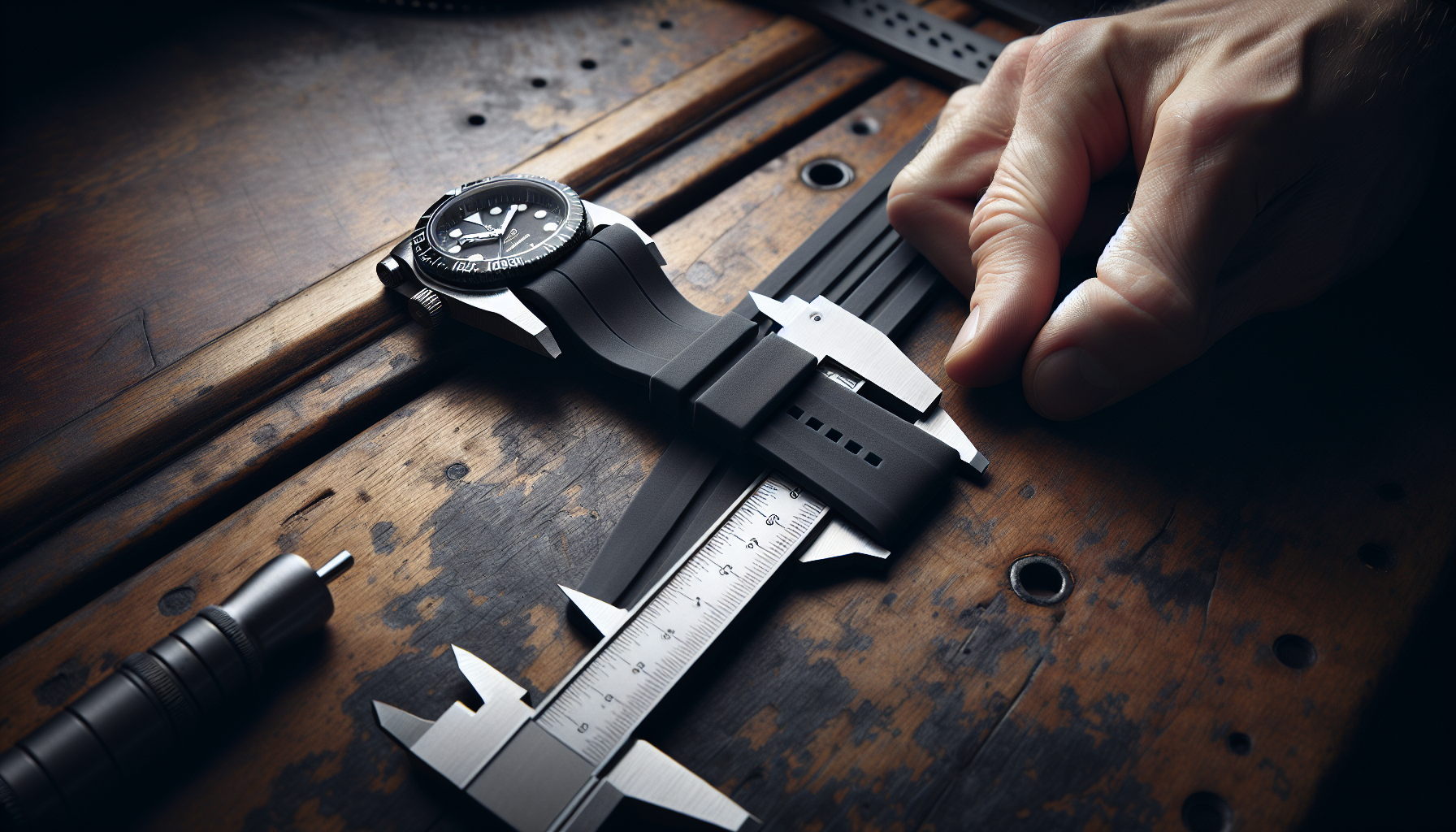 Close-up of a rubber watch strap being measured for lug width