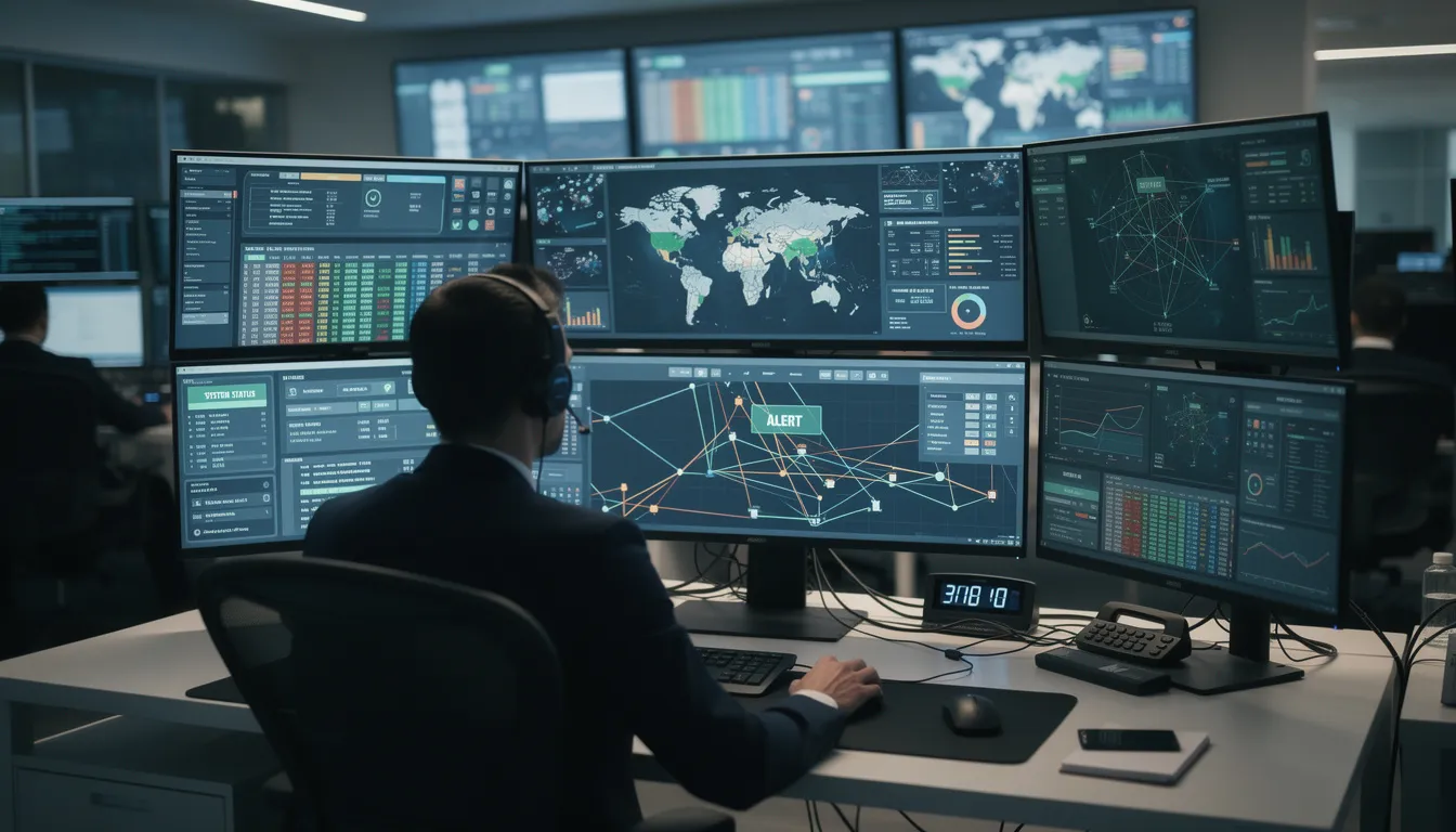The image shows a professional intently monitoring multiple screens that display various data feeds and alerts related to credit, including credit scores, loan payments, and economic indicators. The individual appears focused on analyzing the information to make informed credit decisions and evaluate financial products.