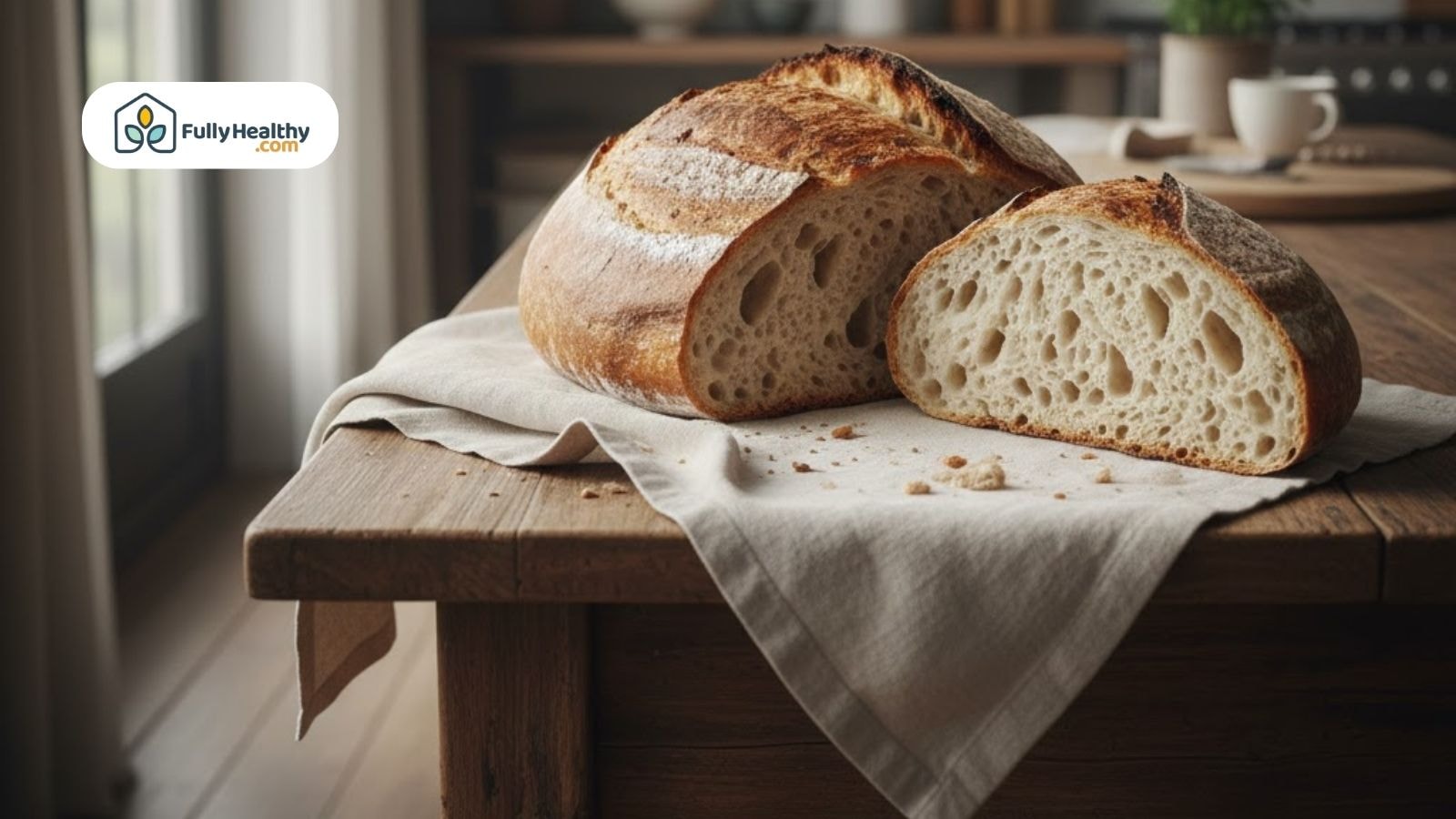 Whole and sliced sourdough bread loaf on wooden table.