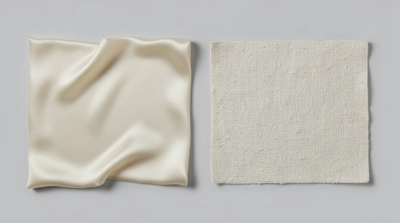 The image features a side-by-side comparison of smooth silk fabric, showcasing its luxurious feel and hypoallergenic properties, alongside textured woven cotton fabric, which is rougher and may create friction. This visual highlights the benefits of silk for sensitive skin and hair, emphasizing how a pure silk pillowcase can help reduce sleep wrinkles and promote healthier hair.