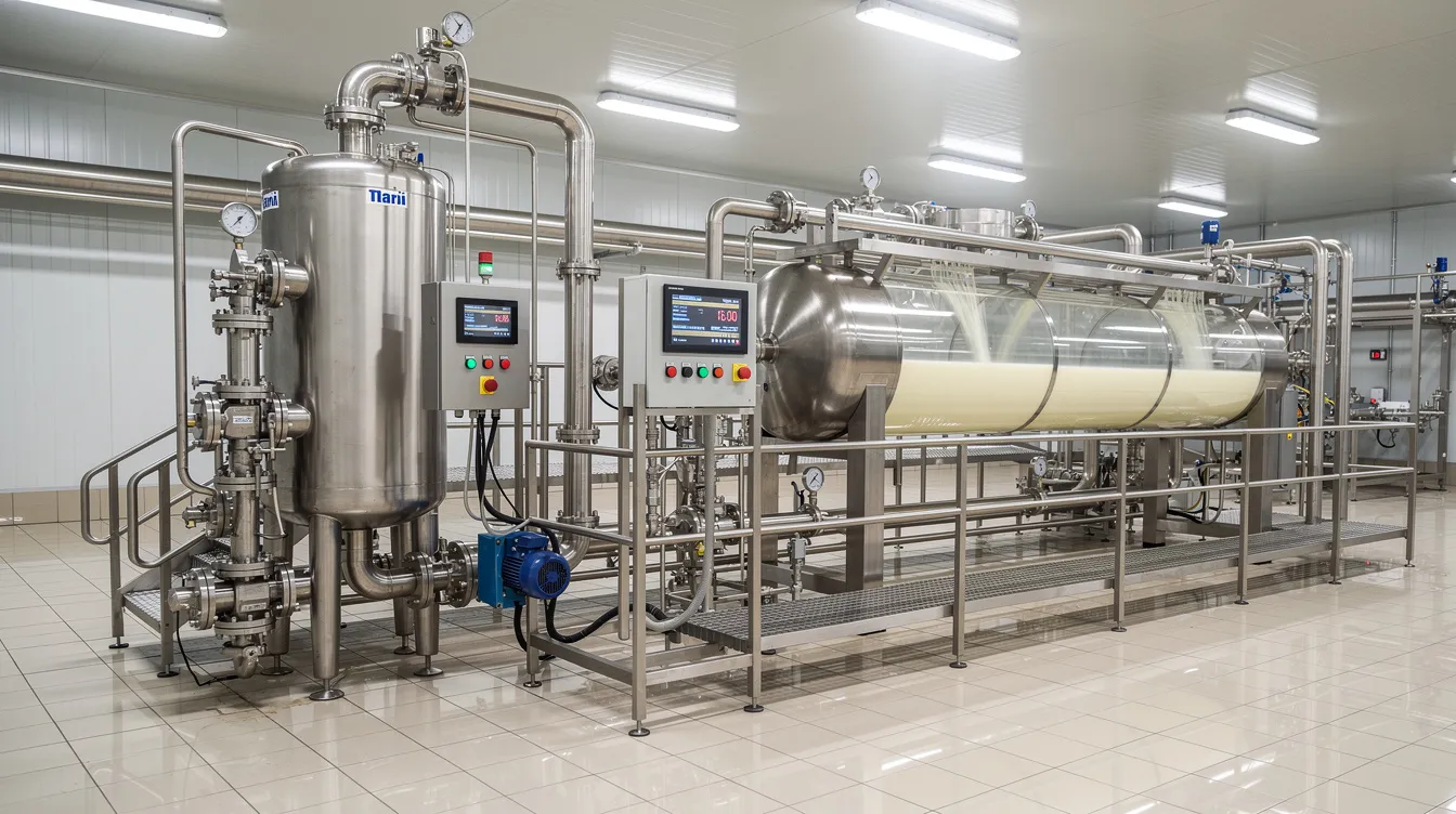 ceb6e3a2 e470 4bbd 964f f8ca04fe976f The image depicts industrial dairy processing machinery, featuring a homogeniser and pasteuriser units designed for the efficient processing of raw milk. This equipment is essential for dairy plants aiming to meet consumer demand for dairy beverages while ensuring product safety and extending shelf life.