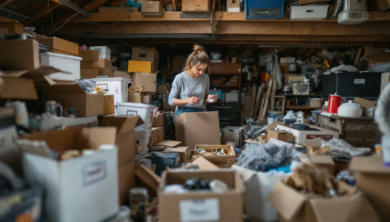 A person sorting through sentimental items in a cluttered space, reflecting the emotional challenges of dealing with possessions.
