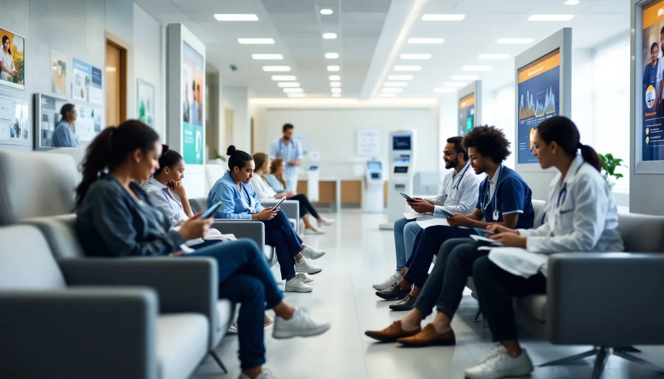 A diverse group of patients is receiving care in a modern healthcare setting that features integrated technology, showcasing the use of artificial intelligence systems and machine learning algorithms to enhance patient outcomes. This environment highlights the role of technological advances in optimizing processes and improving decision-making in healthcare.