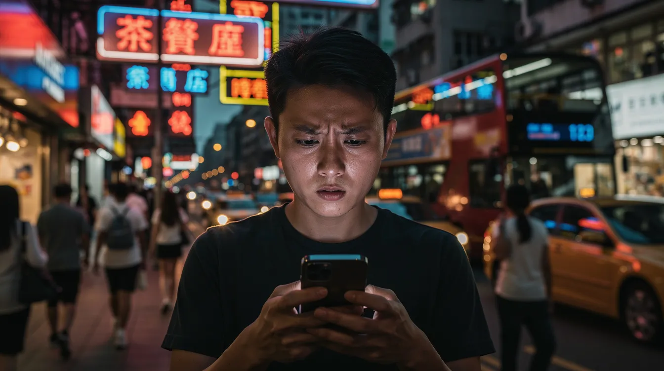 A concerned person in Hong Kong is looking at their smartphone while standing on a busy city street, possibly dealing with a suspicious message related to their WhatsApp account. The bustling environment contrasts with their anxious expression, highlighting the prevalence of scams and the importance of safeguarding personal information against potential fraud.