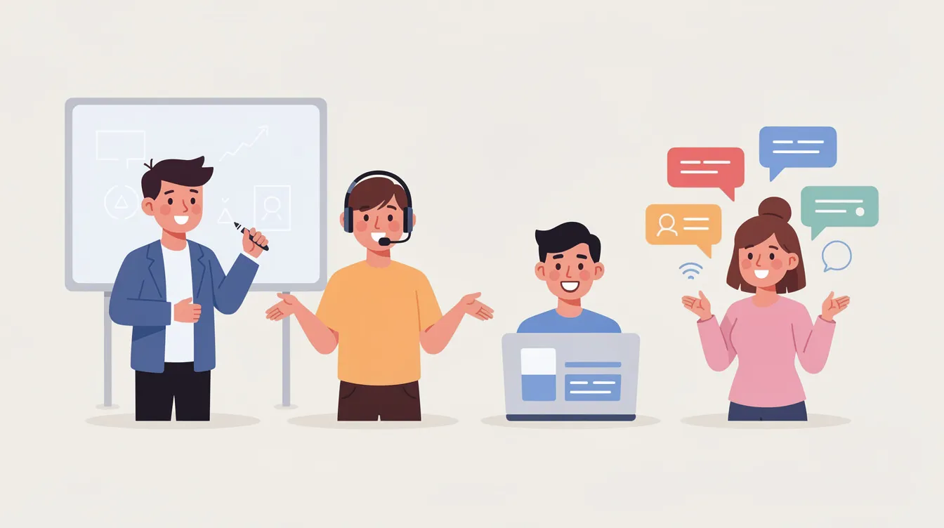 The image features four stylized creator avatars: a teacher standing by a whiteboard, a coach wearing a headset, a course creator working on a laptop, and a community host surrounded by speech bubbles. This illustration represents various roles within the online business landscape, emphasizing the creation of online courses and community engagement through platforms like Kajabi.