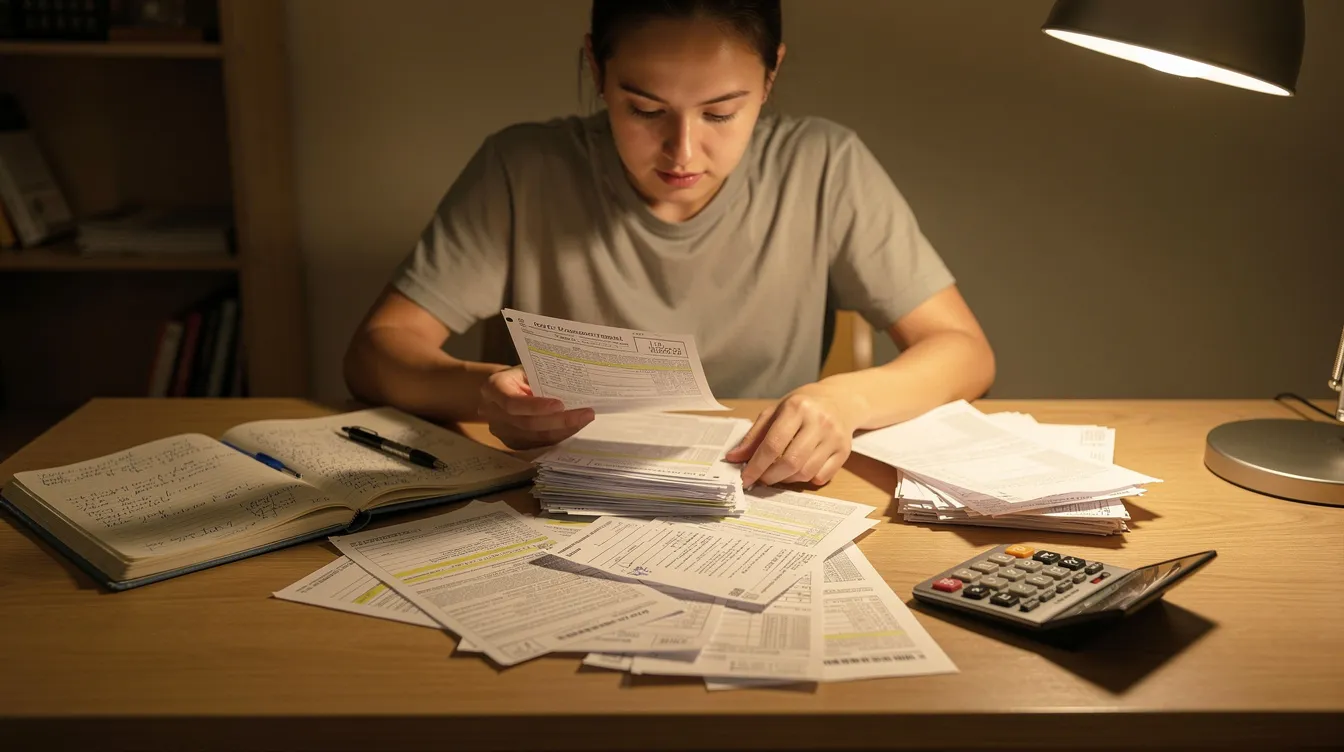 A person is sitting at a desk organizing bills and tax documents, with a calculator and notebook nearby. This scene highlights the importance of managing one's finances, especially for those facing debt restructuring or financial challenges.