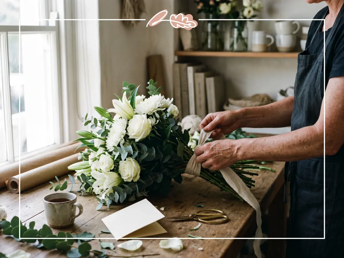 Cape Town florist hand-tying a white rose and lily funeral bouquet with eucalyptus at a wooden studio bench