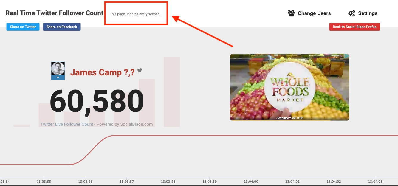 Real time follower count updates to the second