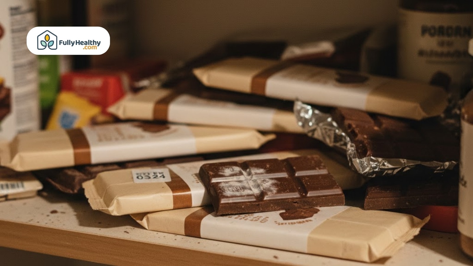 Unwrapped chocolate bars stacked in pantry with various packages and ingredients around