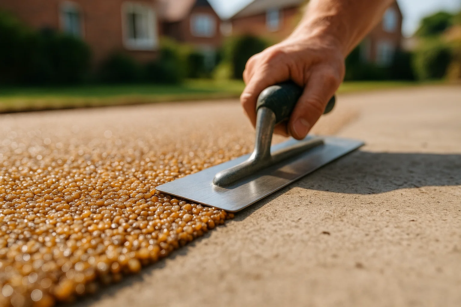 A close-up of resin-bound gravel being applied over a prepared concrete base.