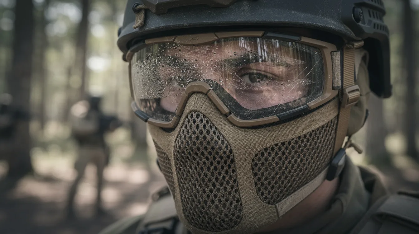 The image shows a close-up of a player wearing a mesh full face mask and sealed goggles, emphasizing the importance of eye and face protection during an airsoft game. This safety gear is crucial to prevent serious injury from airsoft BBs, ensuring a safe and enjoyable experience while playing airsoft.