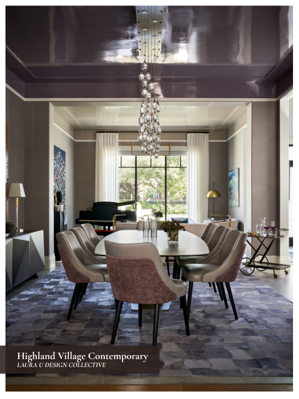 Dining room with a lacquered purple ceiling, taupe wallcoverings, sculptural chandelier, and contemporary artwork.