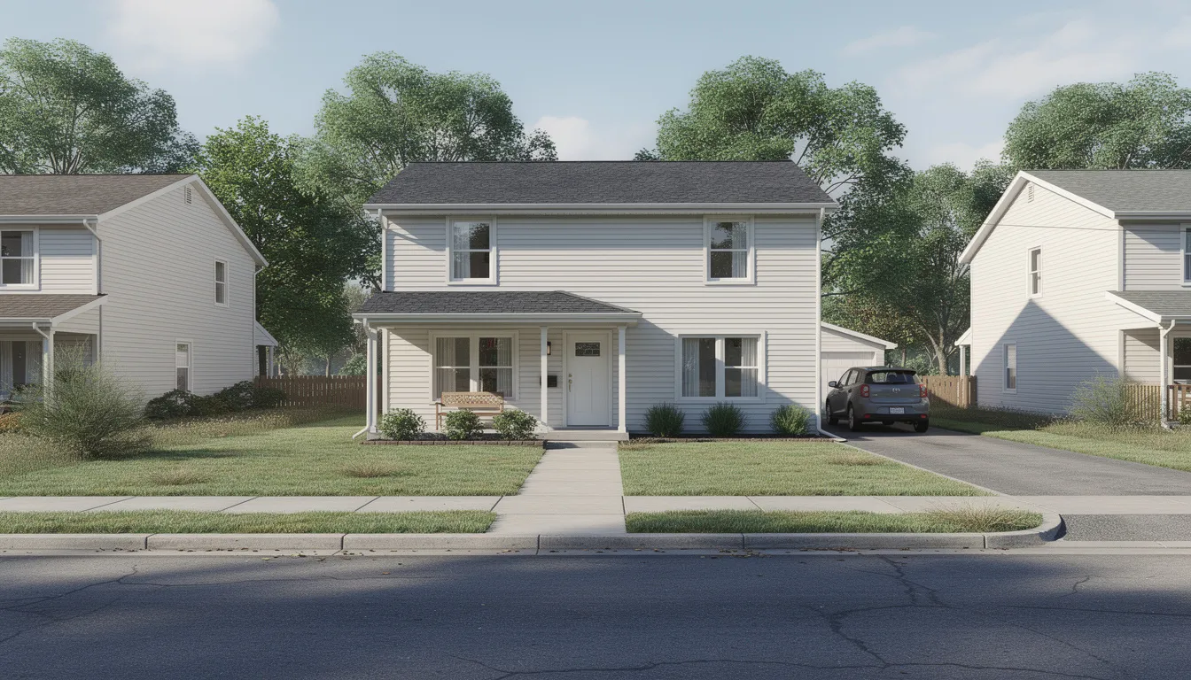 The image depicts a modest two-story single-family home with a small front yard, situated in a suburban residential neighborhood, representing affordable housing options for low-income families. This type of rental property may be eligible for housing choice voucher programs, assisting families in securing decent housing within fair market rent standards. The image depicts a modest two-story single-family home with a small front yard, situated in a suburban residential neighborhood, representing affordable housing options for low-income families. This type of rental property may be eligible for housing choice voucher programs, assisting families in securing decent housing within fair market rent standards.