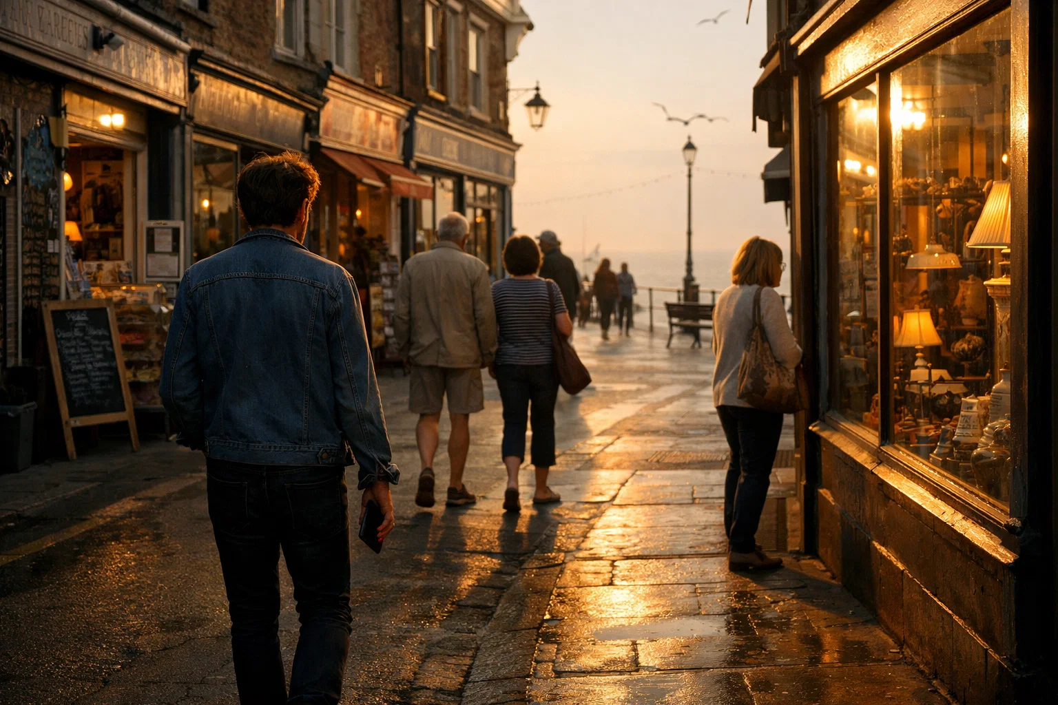 Evening view of a UK seaside town street with independent businesses and people walking past shopfronts at sunset.